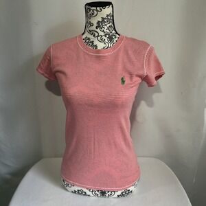 Polo Ralph Lauren T-Shirt Women's Sz M Orange White Striped Crewneck Cap Sleeve